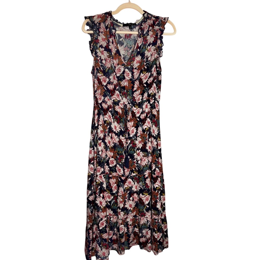 Sangria Womens Navy Blue Floral Tiered Midi Dress V-Neck Ruffle Sleeve Size S